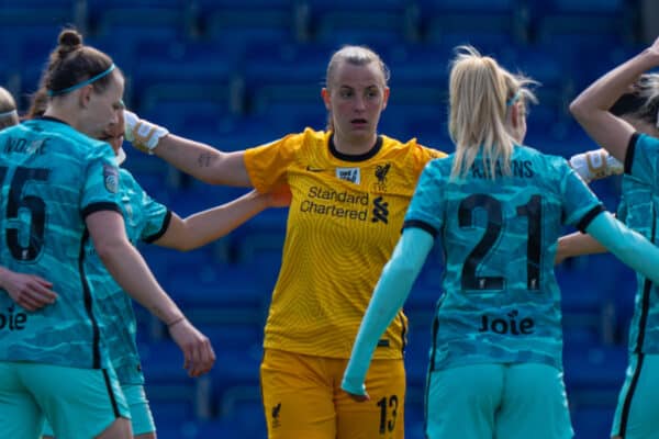 CHESTERFIELD, ENGLAND - Sunday, April 25, 2021: Liverpool's goalkeeper Rylee Foster and her team form a pre-match huddle before the FA Women’s Championship game between Sheffield United FC Women and Liverpool FC Women at the Technique Stadium. Liverpool won 1-0. (Pic by David Rawcliffe/Propaganda)