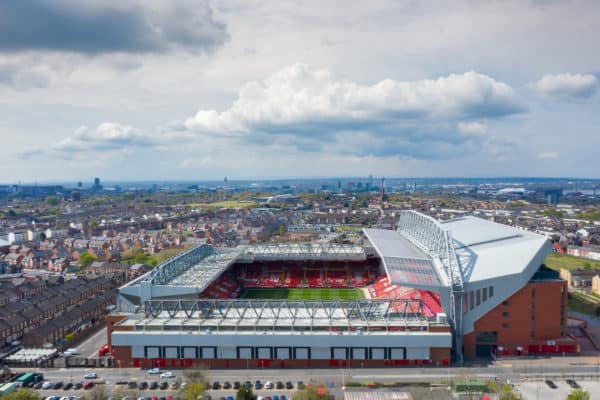 LIVERPOOL, ENGLAND - Friday, April 30, 2021: An aerial view of Anfield, the home stadium of Liverpool Football Club. (Pic by David Rawcliffe/Propaganda)