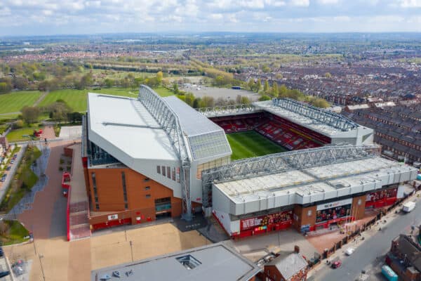 LIVERPOOL, ENGLAND - Friday, April 30, 2021: An aerial view of Anfield, the home stadium of Liverpool Football Club. (Pic by David Rawcliffe/Propaganda)