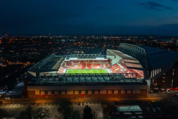 LIVERPOOL, ENGLAND - Friday, April 30, 2021: An aerial view of Anfield, the home stadium of Liverpool Football Club. (Pic by David Rawcliffe/Propaganda)