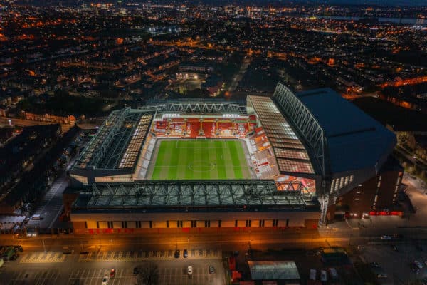 LIVERPOOL, ENGLAND - Friday, April 30, 2021: An aerial view of Anfield, the home stadium of Liverpool Football Club. (Pic by David Rawcliffe/Propaganda)