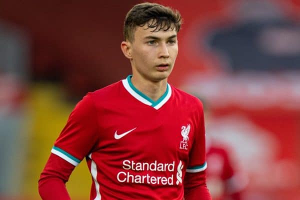 LIVERPOOL, ENGLAND - Friday, April 30, 2021: Liverpool’s Mateusz Musialowski during the FA Youth Cup Quarter-Final match between Liverpool FC Under-18's and Arsenal FC Under-18's at Anfield. Liverpool won 3-1. (Pic by David Rawcliffe/Propaganda)