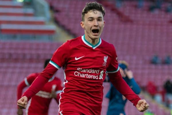 LIVERPOOL, ENGLAND - Friday, April 30, 2021: Liverpool’s Mateusz Musialowski celebrates after scoring the third goal during the FA Youth Cup Quarter-Final match between Liverpool FC Under-18's and Arsenal FC Under-18's at Anfield. Liverpool won 3-1. (Pic by David Rawcliffe/Propaganda)