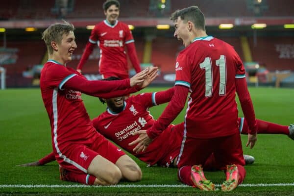 LIVERPOOL, ENGLAND - Friday, April 30, 2021: Liverpool’s Mateusz Musialowski (R) celebrates with team-mates after scoring the third goal during the FA Youth Cup Quarter-Final match between Liverpool FC Under-18's and Arsenal FC Under-18's at Anfield. Liverpool won 3-1. (Pic by David Rawcliffe/Propaganda)