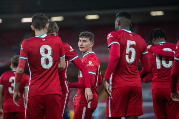 LIVERPOOL, ENGLAND - Friday, April 30, 2021: Liverpool’s Mateusz Musialowski (C) celebrates with team-mates after scoring the third goal during the FA Youth Cup Quarter-Final match between Liverpool FC Under-18's and Arsenal FC Under-18's at Anfield. Liverpool won 3-1. (Pic by David Rawcliffe/Propaganda)