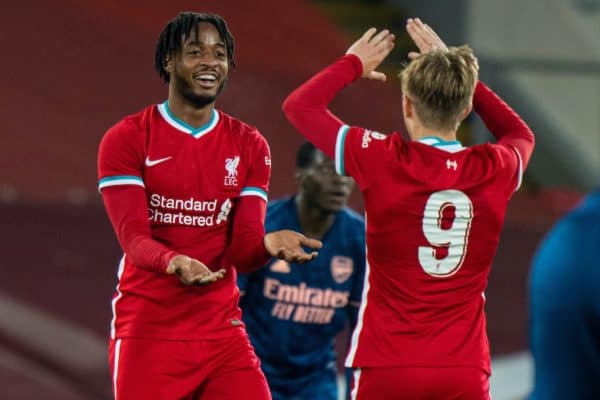 LIVERPOOL, ENGLAND - Friday, April 30, 2021: Liverpool’s James Balagizi (L) and Max Woltman (R) celebrate after the FA Youth Cup Quarter-Final match between Liverpool FC Under-18's and Arsenal FC Under-18's at Anfield. Liverpool won 3-1. (Pic by David Rawcliffe/Propaganda)