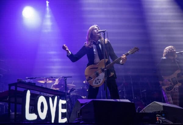 LIVERPOOL, ENGLAND - Sunday, May 2, 2021: Tom Ogden of Blossoms perform at the Sefton Park Pilot, a live music event hosted by Festival Republic with over 5,000 people attending without social distancing measures or face masks, held in Sefton Park, Liverpool as part of the UK government's Events Research Programme. (Pic by David Rawcliffe/Propaganda)