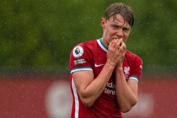 KIRKBY, ENGLAND - Monday, May 3, 2021: Liverpool's Paul Glatzel looks dejected after missing a chance during the Premier League 2 Division 1 match between Liverpool FC Under-23's and Leicester City FC Under-23's at the Liverpool Academy. (Pic by David Rawcliffe/Propaganda)