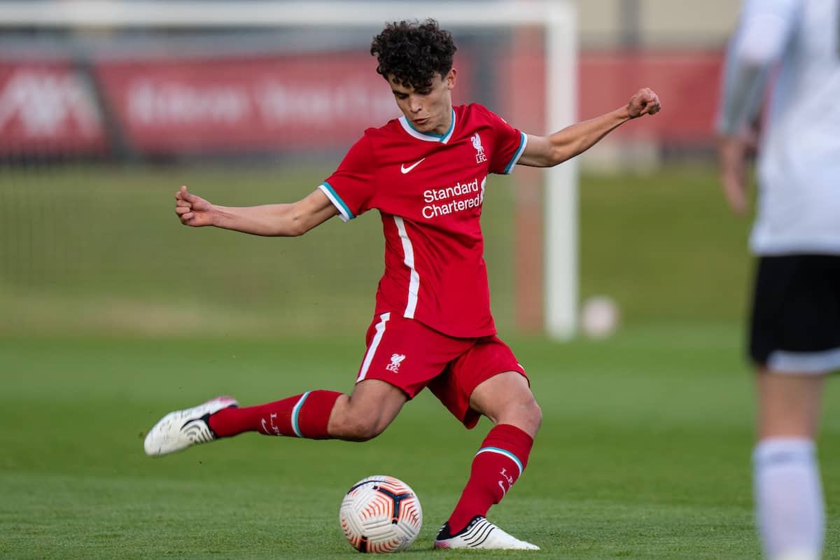 KIRKBY, ENGLAND - Tuesday, May 4, 2021: Liverpool's Stefan Bajcetic during the Under-18 Premier League match between Liverpool FC 18-23's and Derby County FC Under-18's at the Liverpool Academy. (Pic by David Rawcliffe/Propaganda)