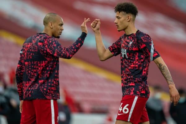 LIVERPOOL, ENGLAND - Saturday, May 8, 2021: Liverpool's Rhys Williams (R) and Fabinho during the pre-match warm-up before the FA Premier League match between Liverpool FC and Southampton FC at Anfield. Liverpool won 2-0. (Pic by David Rawcliffe/Propaganda)