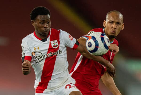 LIVERPOOL, ENGLAND - Saturday, May 8, 2021: Southampton's Nathan Tella (L) is challenged by Liverpool's Fabio Henrique Tavares 'Fabinho' during the FA Premier League match between Liverpool FC and Southampton FC at Anfield. Liverpool won 2-0. (Pic by David Rawcliffe/Propaganda)