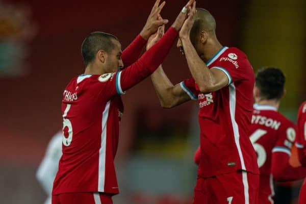 LIVERPOOL, ENGLAND - Saturday, May 8, 2021: Liverpool's Thiago Alcantara (L) celebrates with team-mate Fabio Henrique Tavares 'Fabinho' after scoring the second goal during the FA Premier League match between Liverpool FC and Southampton FC at Anfield. Liverpool won 2-0. (Pic by David Rawcliffe/Propaganda)