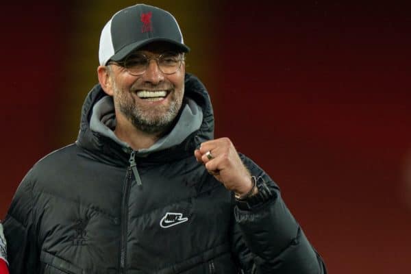 LIVERPOOL, ENGLAND - Saturday, May 8, 2021: Liverpool's manager Jürgen Klopp celebrates after the FA Premier League match between Liverpool FC and Southampton FC at Anfield. Liverpool won 2-0. (Pic by David Rawcliffe/Propaganda)