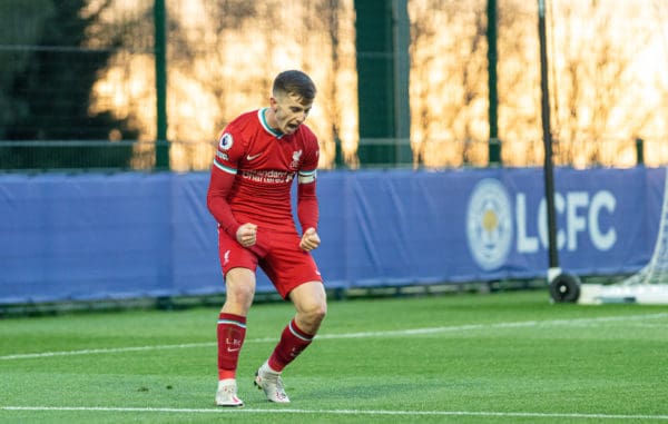 SEAGRAVE, ENGLAND - Monday, May 10, 2021: Liverpool's captain Ben Woodburn celebrates after scoring the first goal during the Premier League 2 Division 1 match between Leicester City FC Under-23's and Liverpool FC Under-23's at the Leicester City Training Ground. Liverpool won 2-0. (Pic by David Rawcliffe/Propaganda)