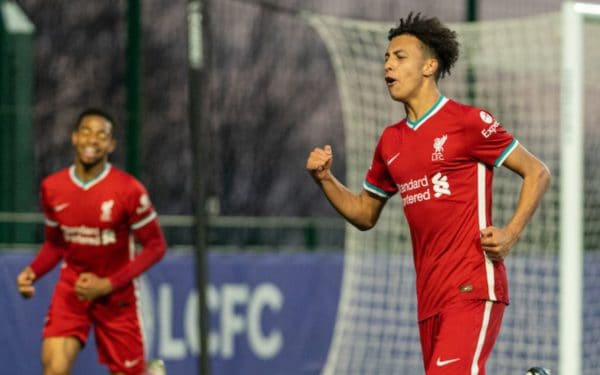 SEAGRAVE, ENGLAND - Monday, May 10, 2021: Liverpool's substitute Kaide Gordan celebrates after scoring the second goal during the Premier League 2 Division 1 match between Leicester City FC Under-23's and Liverpool FC Under-23's at the Leicester City Training Ground. Liverpool won 2-0. (Pic by David Rawcliffe/Propaganda)