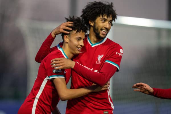 SEAGRAVE, ENGLAND - Monday, May 10, 2021: Liverpool's substitute Kaide Gordan (L) celebrates with team-mate Remi Savage after scoring the second goal during the Premier League 2 Division 1 match between Leicester City FC Under-23's and Liverpool FC Under-23's at the Leicester City Training Ground. Liverpool won 2-0. (Pic by David Rawcliffe/Propaganda)