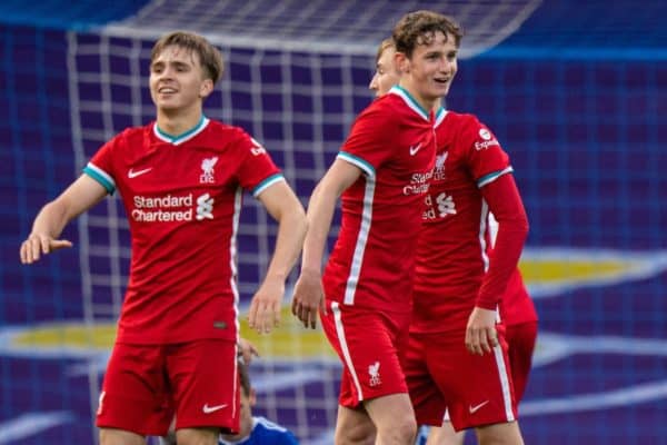 IPSWICH, ENGLAND - Wednesday, May 12, 2021: Liverpool's Tyler Morton celebrates at the final whistle during the FA Youth Cup Semi-Final match between Ipswich Town FC Under-18's and Liverpool FC Under-18's at Portman Road. Liverpool won 2-1. (Pic by David Rawcliffe/Propaganda)