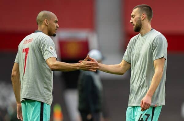 MANCHESTER, ENGLAND - Thursday, May 13, 2021: Liverpool's Nathaniel Phillips (R) and Fabio Henrique Tavares 'Fabinho' during the pre-match warm-up before the FA Premier League match between Manchester United FC and Liverpool FC at Old Trafford. (Pic by David Rawcliffe/Propaganda)