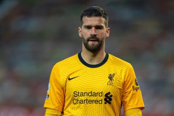 MANCHESTER, ENGLAND - Thursday, May 13, 2021: Liverpool's goalkeeper Alisson Becker during the FA Premier League match between Manchester United FC and Liverpool FC at Old Trafford. (Pic by David Rawcliffe/Propaganda)