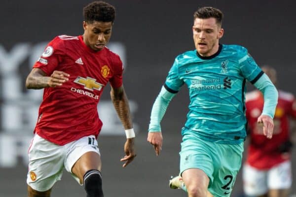 MANCHESTER, ENGLAND - Thursday, May 13, 2021: Manchester United's Marcus Rashford (L) and Liverpool's Andy Robertson during the FA Premier League match between Manchester United FC and Liverpool FC at Old Trafford. (Pic by David Rawcliffe/Propaganda)