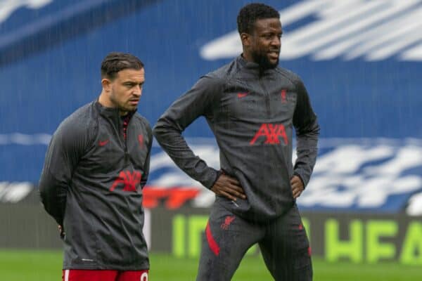 WEST BROMWICH, ENGLAND - Sunday, May 16, 2021: Liverpool's Sheridan Shaqiri (L) and Divock Origi during the pre-match warm-up before the FA Premier League match between West Bromwich Albion FC and Liverpool FC at The Hawthorns. (Pic by David Rawcliffe/Propaganda)