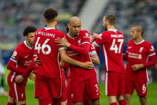 WEST BROMWICH, ENGLAND - Sunday, May 16, 2021: Liverpool's Fabio Henrique Tavares 'Fabinho' (R) and Rhys Williams before the FA Premier League match between West Bromwich Albion FC and Liverpool FC at The Hawthorns. (Pic by David Rawcliffe/Propaganda)