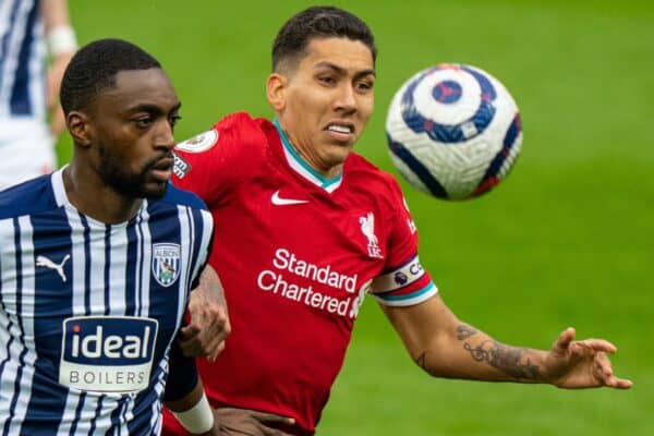 WEST BROMWICH, ENGLAND - Sunday, May 16, 2021: Liverpool's Roberto Firmino (R) and West Bromwich Albion's Semi Ajayi during the FA Premier League match between West Bromwich Albion FC and Liverpool FC at The Hawthorns. (Pic by David Rawcliffe/Propaganda)