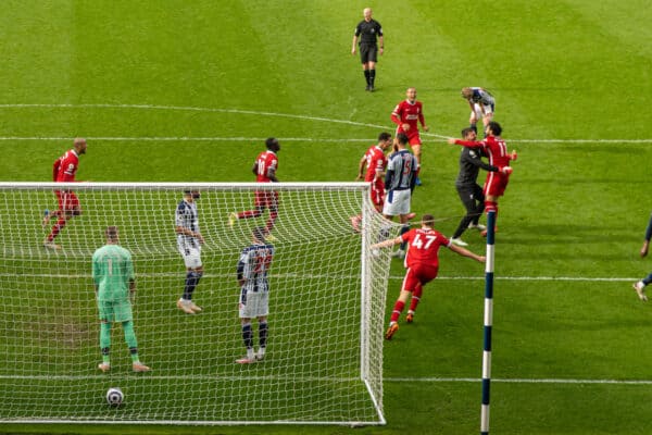 WEST BROMWICH, ENGLAND - Sunday, May 16, 2021: Liverpool's goalkeeper Alisson Becker celebrates after the winning second goal with a head in injury time during the FA Premier League match between West Bromwich Albion FC and Liverpool FC at The Hawthorns. (Pic by David Rawcliffe/Propaganda)