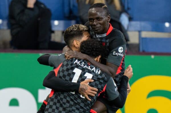 BURNLEY, ENGLAND - Wednesday, May 19, 2021: Liverpool's Roberto Firmino (C) celebrates with team-mates Mohamed Salah (L) and Sadio Mané (R) after scoring the first goal during the FA Premier League match between Burnley FC and Liverpool FC at Turf Moor. Liverpool won 3-0. (Pic by David Rawcliffe/Propaganda)