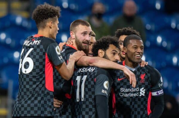 BURNLEY, ENGLAND - Wednesday, May 19, 2021: Liverpool's Nathaniel Phillips (C) celebrates with team-mates after scoring the second goal during the FA Premier League match between Burnley FC and Liverpool FC at Turf Moor. Liverpool won 3-0. (Pic by David Rawcliffe/Propaganda)