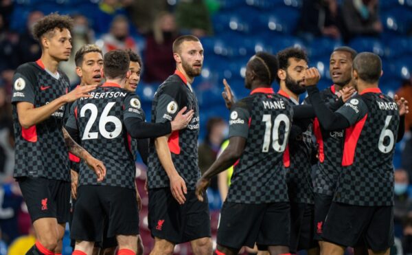 BURNLEY, ENGLAND - Wednesday, May 19, 2021: Liverpool's Nathaniel Phillips (C) celebrates with team-mates after scoring the second goal during the FA Premier League match between Burnley FC and Liverpool FC at Turf Moor. Liverpool won 3-0. (Pic by David Rawcliffe/Propaganda)