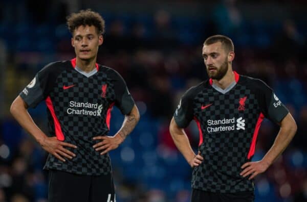 BURNLEY, ENGLAND - Wednesday, May 19, 2021: Liverpool's Rhys Williams (L) and Nathaniel Phillips during the FA Premier League match between Burnley FC and Liverpool FC at Turf Moor. Liverpool won 3-0. (Pic by David Rawcliffe/Propaganda)