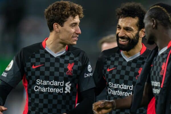 BURNLEY, ENGLAND - Wednesday, May 19, 2021: Liverpool's Kostas Tsimikas (L) and Mohamed Salah after the FA Premier League match between Burnley FC and Liverpool FC at Turf Moor. Liverpool won 3-0. (Pic by David Rawcliffe/Propaganda)