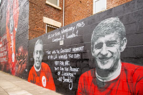 LIVERPOOL, ENGLAND - Sunday, May 23, 2021: A mural featuring former Liverpool players Ian St John and Roger Hunt pictured before the final FA Premier League match between Liverpool FC and Crystal Palace FC at Anfield. (Pic by David Rawcliffe/Propaganda)