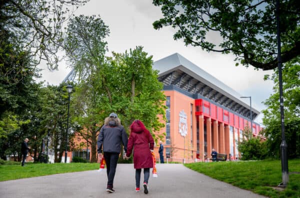 LIVERPOOL, ENGLAND - Sunday, May 23, 2021: Two Liverpool supporters walk towards Anfield from Stanley Park before the final FA Premier League match between Liverpool FC and Crystal Palace FC at Anfield. (Pic by David Rawcliffe/Propaganda)