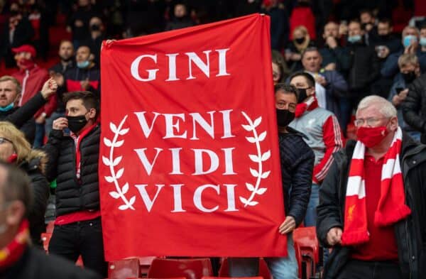 LIVERPOOL, ENGLAND - Sunday, May 23, 2021: Liverpool supporters' banner "Gini [Georginio Wijnaldum] Veni Vidi Vici" during the final FA Premier League match between Liverpool FC and Crystal Palace FC at Anfield. (Pic by David Rawcliffe/Propaganda)