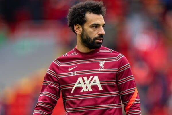 LIVERPOOL, ENGLAND - Sunday, May 23, 2021: Liverpool's Mohamed Salah during the pre-match warm-up before the final FA Premier League match between Liverpool FC and Crystal Palace FC at Anfield. (Pic by David Rawcliffe/Propaganda)