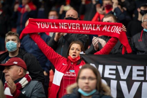 LIVERPOOL, ENGLAND - Sunday, May 23, 2021: Liverpool supporters during the final FA Premier League match between Liverpool FC and Crystal Palace FC at Anfield. (Pic by David Rawcliffe/Propaganda)