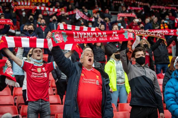 LIVERPOOL, ENGLAND - Sunday, May 23, 2021: Liverpool supporters sing "You'll Never Walk Alone" before the final FA Premier League match between Liverpool FC and Crystal Palace FC at Anfield. (Pic by David Rawcliffe/Propaganda)