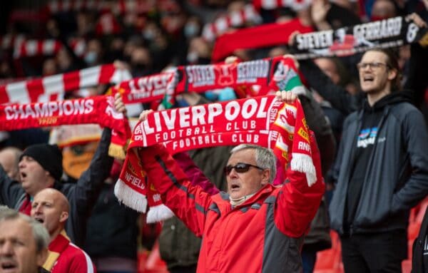LIVERPOOL, ENGLAND - Sunday, May 23, 2021: Liverpool supporters sing "You'll Never Walk Alone" before the final FA Premier League match between Liverpool FC and Crystal Palace FC at Anfield. (Pic by David Rawcliffe/Propaganda)