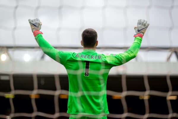 LIVERPOOL, ENGLAND - Sunday, May 23, 2021: Liverpool's goalkeeper Alisson Becker prays before the final FA Premier League match between Liverpool FC and Crystal Palace FC at Anfield. (Pic by David Rawcliffe/Propaganda)