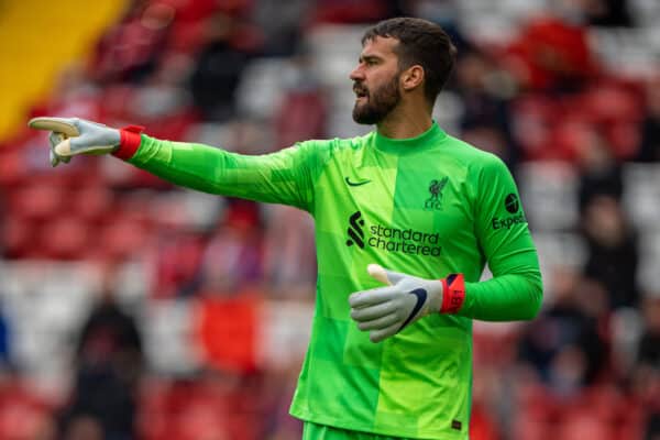 LIVERPOOL, ENGLAND - Sunday, May 23, 2021: Liverpool's goalkeeper Alisson Becker during the final FA Premier League match between Liverpool FC and Crystal Palace FC at Anfield. Liverpool won 2-0 and finished 3rd in the table. (Pic by David Rawcliffe/Propaganda)