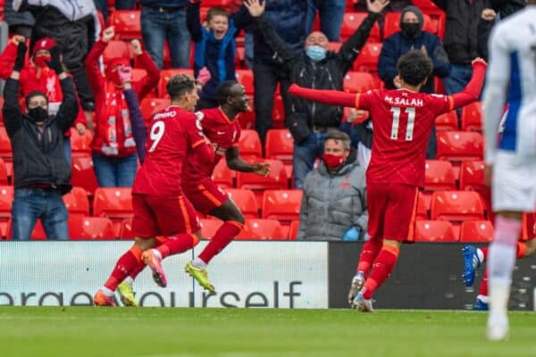 LIVERPOOL, ENGLAND - Sunday, May 23, 2021: Liverpool's Sadio Mané celebrates after scoring the first goal during the final FA Premier League match between Liverpool FC and Crystal Palace FC at Anfield. Liverpool won 2-0 and finished 3rd in the table. (Pic by David Rawcliffe/Propaganda)