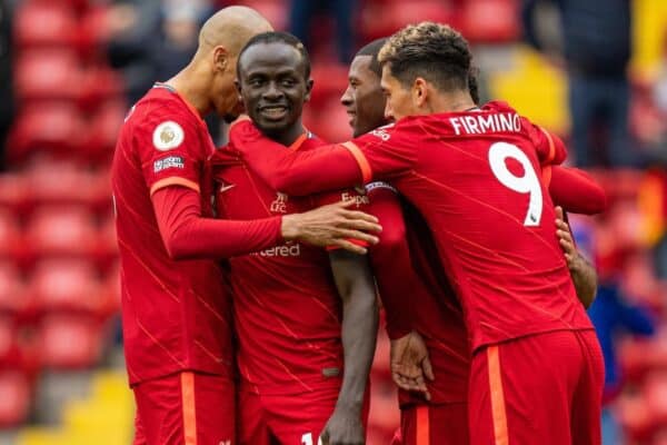 LIVERPOOL, ENGLAND - Sunday, May 23, 2021: Liverpool's Sadio Mané (2nd from L) celebrates with team-mates after scoring the second goal during the final FA Premier League match between Liverpool FC and Crystal Palace FC at Anfield. Liverpool won 2-0 and finished 3rd in the table. (Pic by David Rawcliffe/Propaganda)