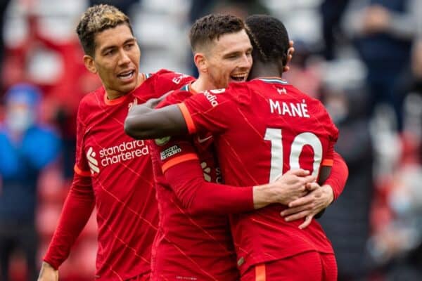 LIVERPOOL, ENGLAND - Sunday, May 23, 2021: Liverpool's Sadio Mané (R) celebrates with team-mates Andy Robertson (C) and Roberto Firmino (L) after scoring the second goal during the final FA Premier League match between Liverpool FC and Crystal Palace FC at Anfield. Liverpool won 2-0 and finished 3rd in the table. (Pic by David Rawcliffe/Propaganda)