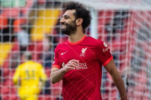 LIVERPOOL, ENGLAND - Sunday, May 23, 2021: Liverpool's Mohamed Salah looks dejected after missing a chance during the final FA Premier League match between Liverpool FC and Crystal Palace FC at Anfield. Liverpool won 2-0 and finished 3rd in the table. (Pic by David Rawcliffe/Propaganda)