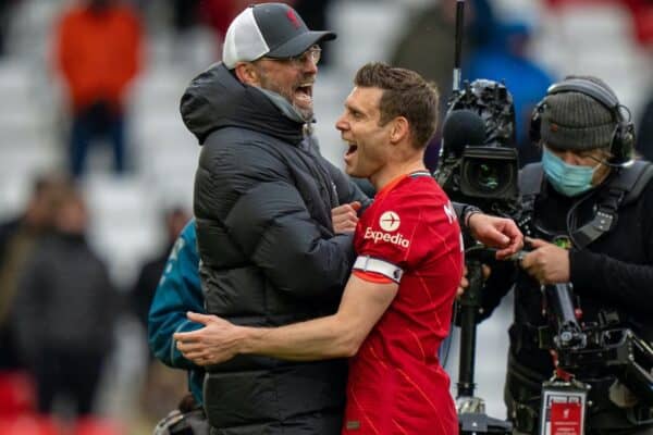 LIVERPOOL, ENGLAND - Sunday, May 23, 2021: Liverpool's manager Jürgen Klopp (L) and James Milner after the final FA Premier League match between Liverpool FC and Crystal Palace FC at Anfield. Liverpool won 2-0 and finished 3rd in the table. (Pic by David Rawcliffe/Propaganda)