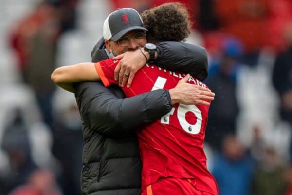 LIVERPOOL, ENGLAND - Sunday, May 23, 2021: Liverpool's manager Jürgen Klopp (L) embraces Rhys Williams after the final FA Premier League match between Liverpool FC and Crystal Palace FC at Anfield. Liverpool won 2-0 and finished 3rd in the table. (Pic by David Rawcliffe/Propaganda)