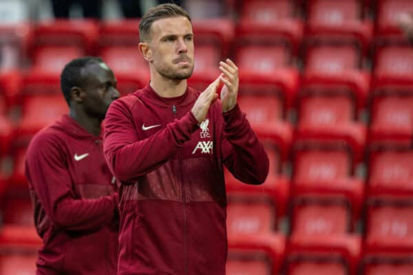 LIVERPOOL, ENGLAND - Sunday, May 23, 2021: Liverpool's captain Jordan Henderson applauds the supporters during a lap of honour after the final FA Premier League match between Liverpool FC and Crystal Palace FC at Anfield. Liverpool won 2-0 and finished 3rd in the table. (Pic by David Rawcliffe/Propaganda)