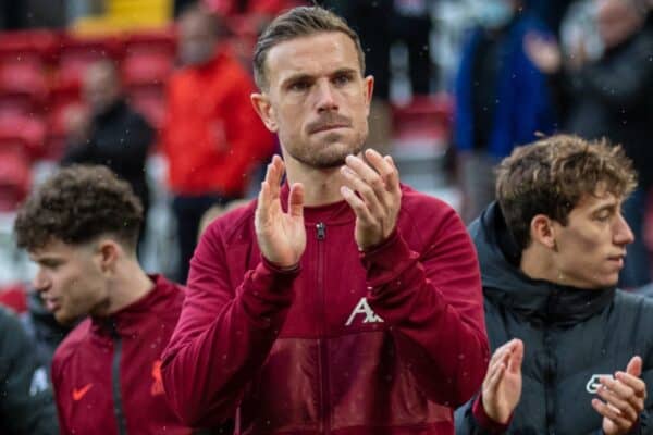 LIVERPOOL, ENGLAND - Sunday, May 23, 2021: Liverpool's captain Jordan Henderson applauds the supporters during a lap of honour after the final FA Premier League match between Liverpool FC and Crystal Palace FC at Anfield. Liverpool won 2-0 and finished 3rd in the table. (Pic by David Rawcliffe/Propaganda)